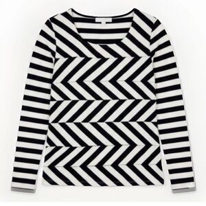 Chico's Top Blouse Women’s Size 1 (M) Ruffle Chevron Black/ White/ Gold Stretch